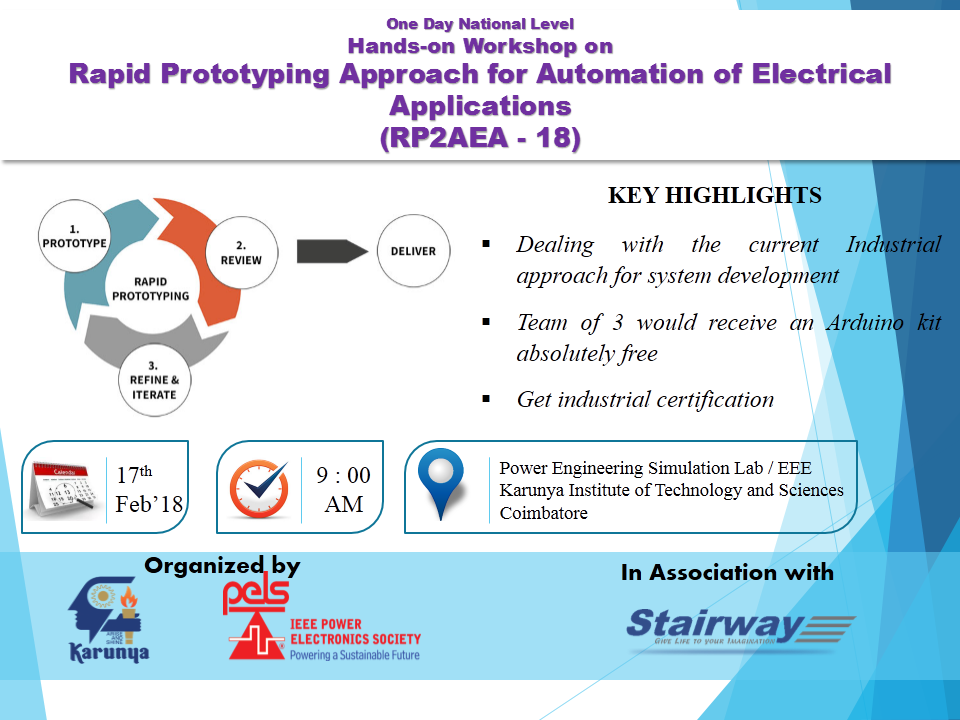 One Day National Level Hands-on Workshop on Rapid Prototyping Approach for Automation of Electrical Applications RP2AEA 18